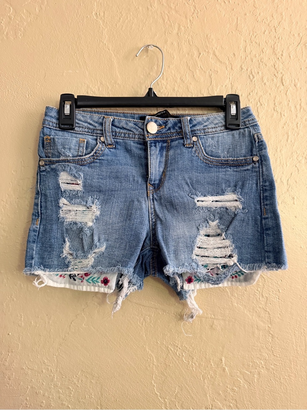 Harper Blue Distressed Denim Shorts with Embroidered Lining